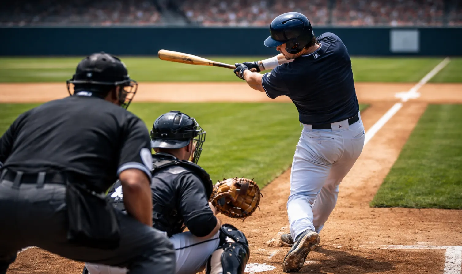 Baseballspieler am Schlagmal mit Catcher und Schiedsrichter — Wettarten im Baseball
