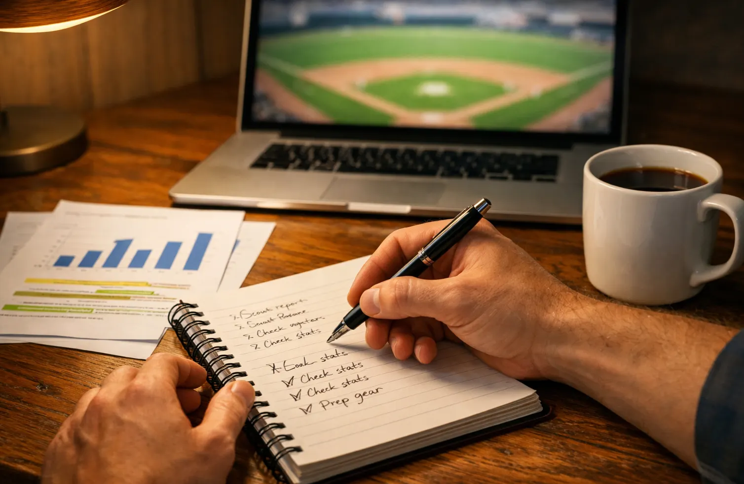 Person analysiert Baseball-Statistiken in einem Notizbuch neben einem Laptop — Wetten Strategie